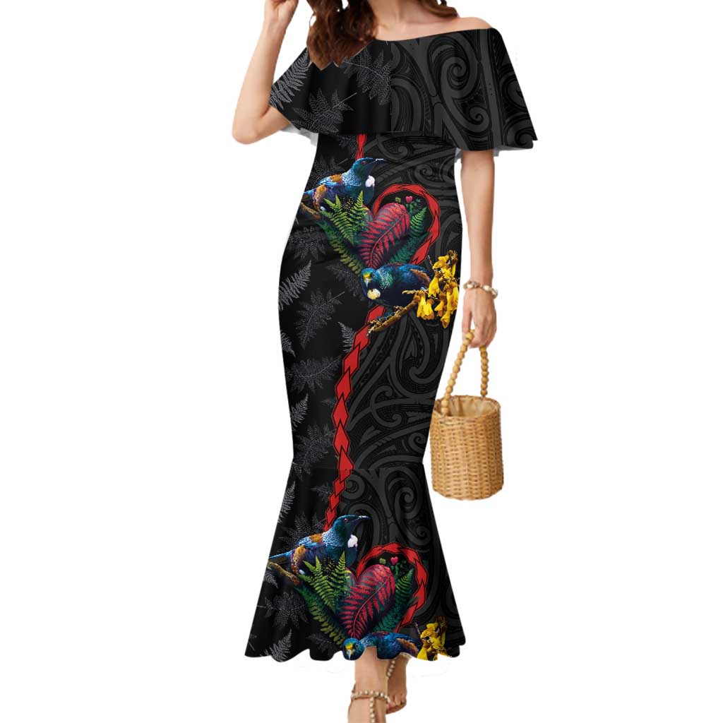 New Zealand Tui Birds Love Couple Mermaid Dress The Heart of Silver Fern Leaves and Maori Tattoo Pattern LT03 Women Black - Polynesian Pride