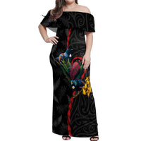New Zealand Tui Birds Love Couple Off Shoulder Maxi Dress The Heart of Silver Fern Leaves and Maori Tattoo Pattern LT03 Women Black - Polynesian Pride