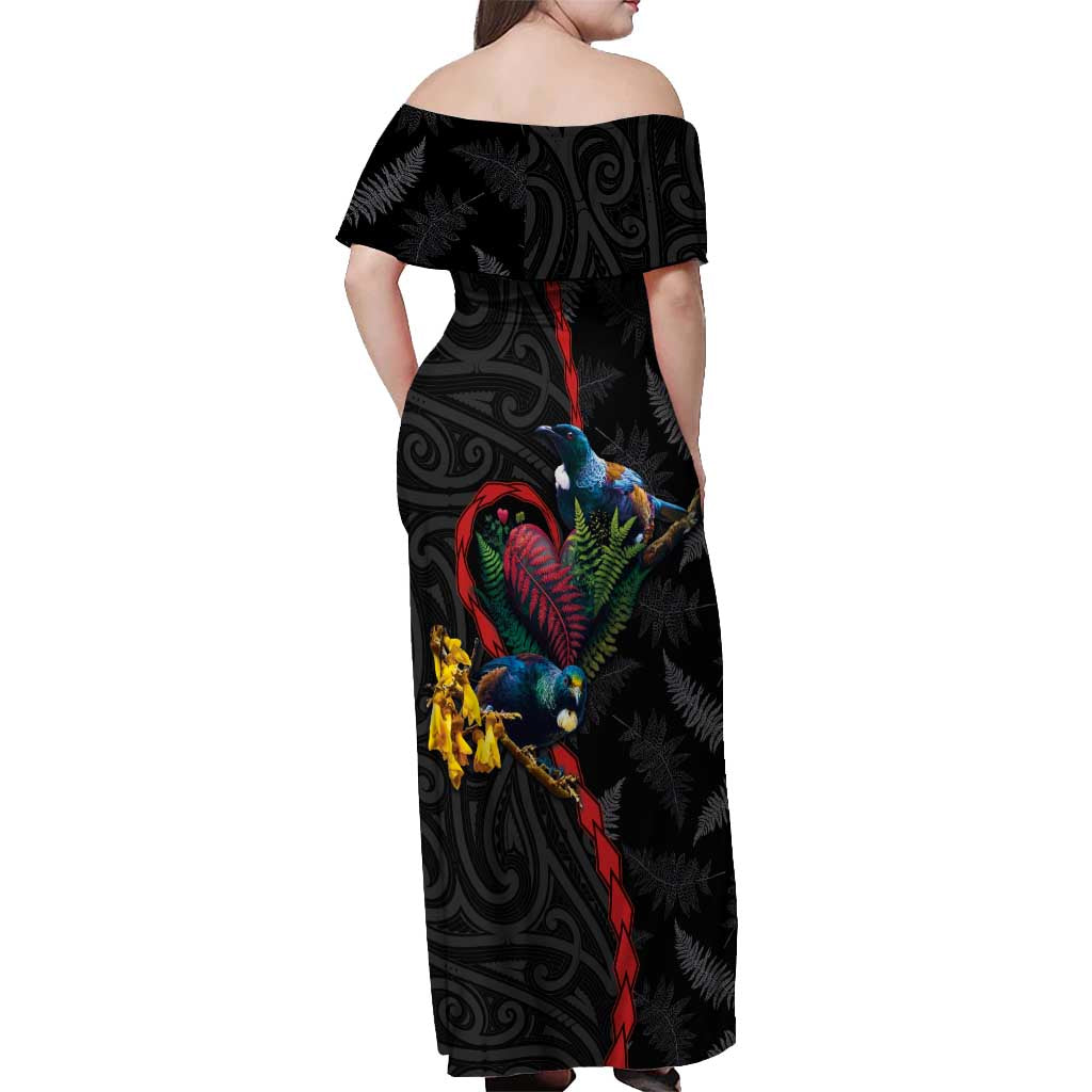 New Zealand Tui Birds Love Couple Off Shoulder Maxi Dress The Heart of Silver Fern Leaves and Maori Tattoo Pattern LT03 - Polynesian Pride