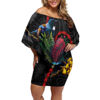 New Zealand Tui Birds Love Couple Off Shoulder Short Dress The Heart of Silver Fern Leaves and Maori Tattoo Pattern LT03 Women Black - Polynesian Pride