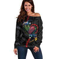 New Zealand Tui Birds Love Couple Off Shoulder Sweater The Heart of Silver Fern Leaves and Maori Tattoo Pattern LT03 Women Black - Polynesian Pride