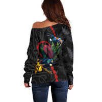 New Zealand Tui Birds Love Couple Off Shoulder Sweater The Heart of Silver Fern Leaves and Maori Tattoo Pattern LT03 - Polynesian Pride