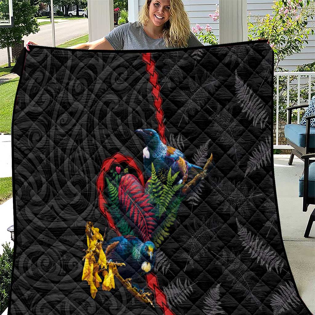 New Zealand Tui Birds Love Couple Quilt The Heart of Silver Fern Leaves and Maori Tattoo Pattern LT03 Black - Polynesian Pride