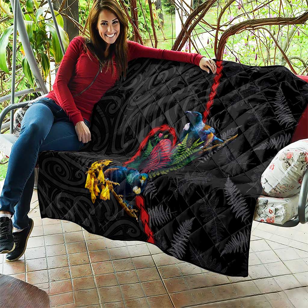 New Zealand Tui Birds Love Couple Quilt The Heart of Silver Fern Leaves and Maori Tattoo Pattern LT03 - Polynesian Pride