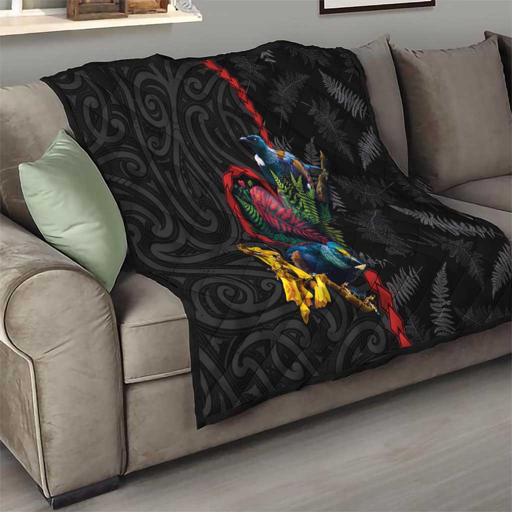 New Zealand Tui Birds Love Couple Quilt The Heart of Silver Fern Leaves and Maori Tattoo Pattern LT03 - Polynesian Pride