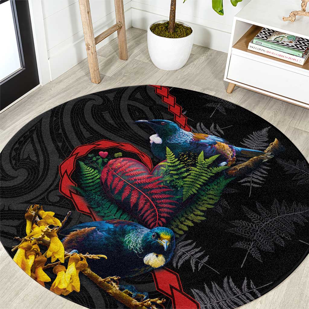 New Zealand Tui Birds Love Couple Round Carpet The Heart of Silver Fern Leaves and Maori Tattoo Pattern LT03 Black - Polynesian Pride