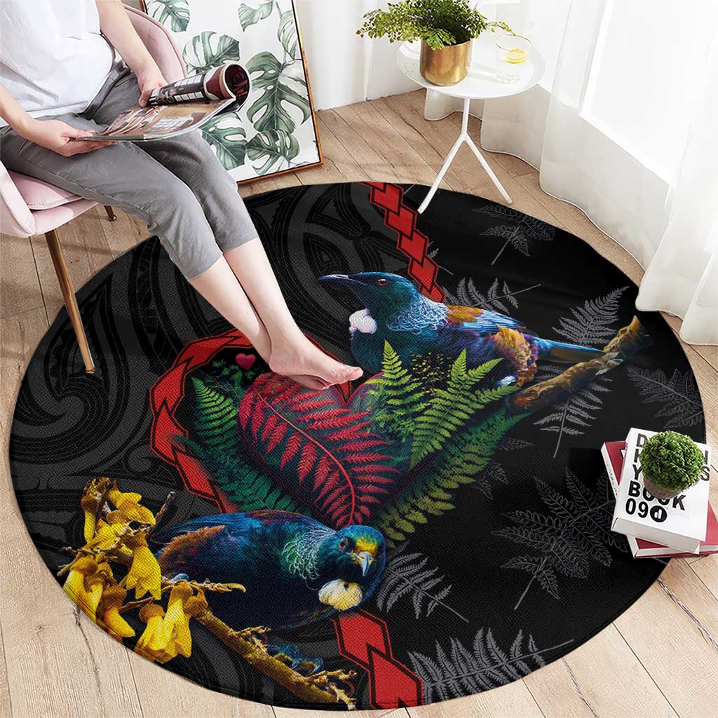New Zealand Tui Birds Love Couple Round Carpet The Heart of Silver Fern Leaves and Maori Tattoo Pattern LT03 - Polynesian Pride
