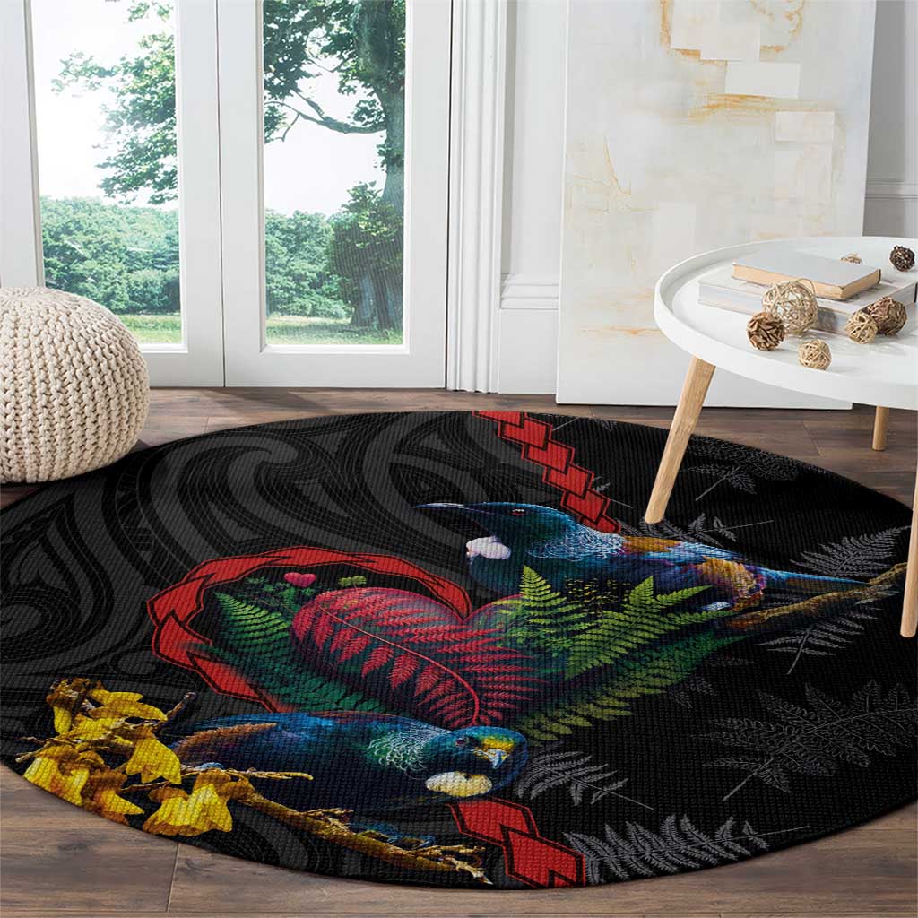 New Zealand Tui Birds Love Couple Round Carpet The Heart of Silver Fern Leaves and Maori Tattoo Pattern LT03 - Polynesian Pride