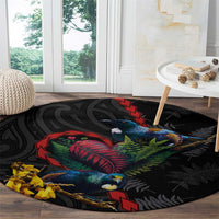 New Zealand Tui Birds Love Couple Round Carpet The Heart of Silver Fern Leaves and Maori Tattoo Pattern LT03 - Polynesian Pride
