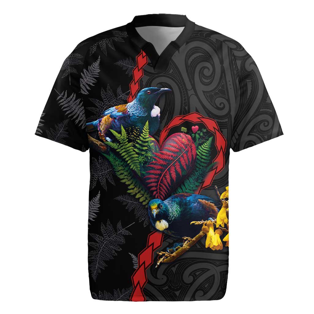 New Zealand Tui Birds Love Couple Rugby Jersey The Heart of Silver Fern Leaves and Maori Tattoo Pattern LT03 Black - Polynesian Pride