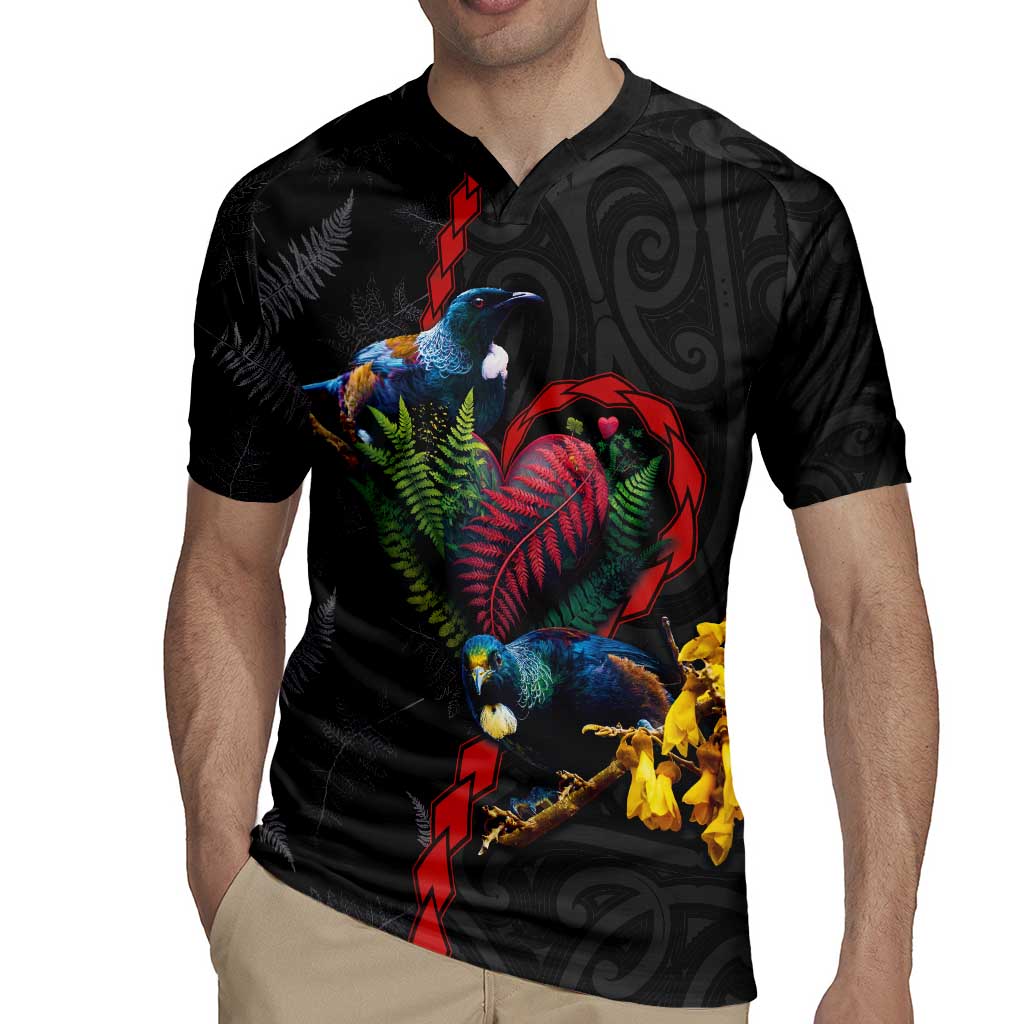 New Zealand Tui Birds Love Couple Rugby Jersey The Heart of Silver Fern Leaves and Maori Tattoo Pattern LT03 - Polynesian Pride