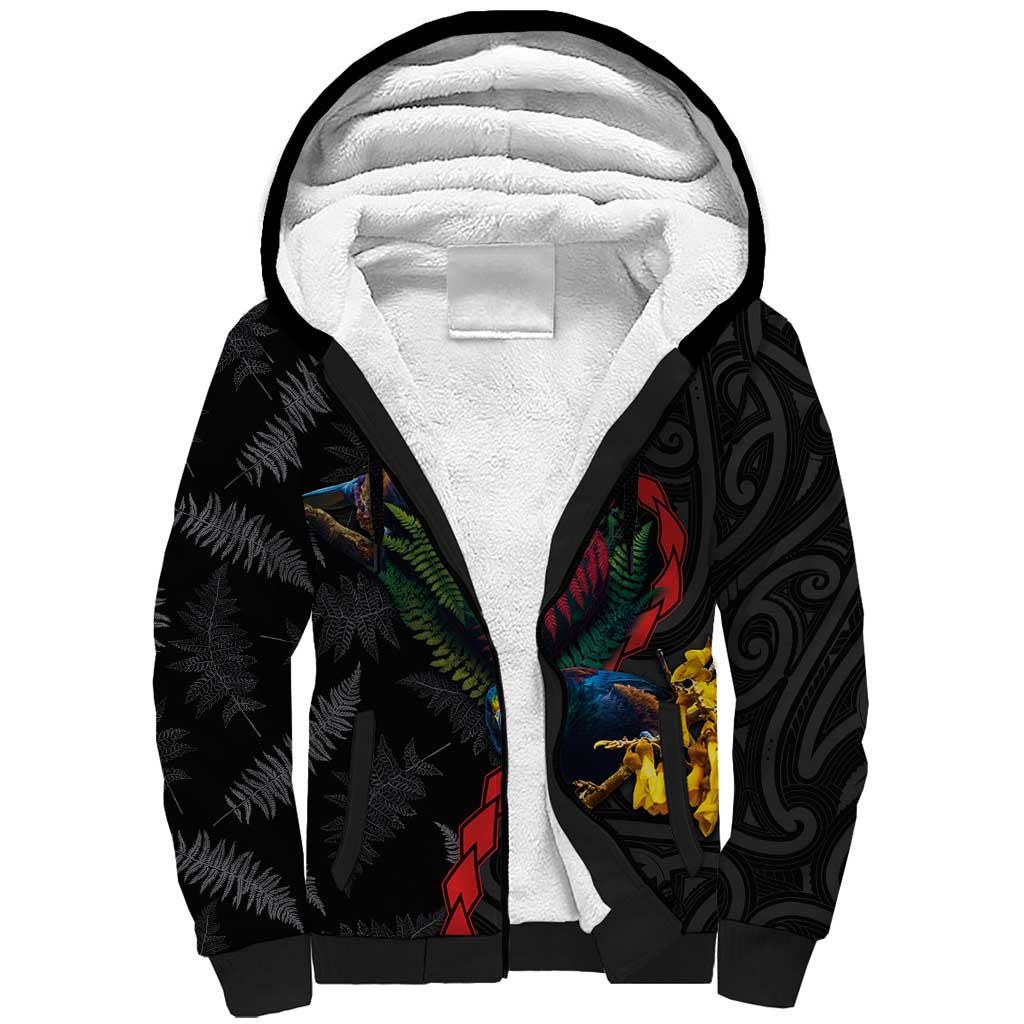 New Zealand Tui Birds Love Couple Sherpa Hoodie The Heart of Silver Fern Leaves and Maori Tattoo Pattern LT03 Unisex Black - Polynesian Pride