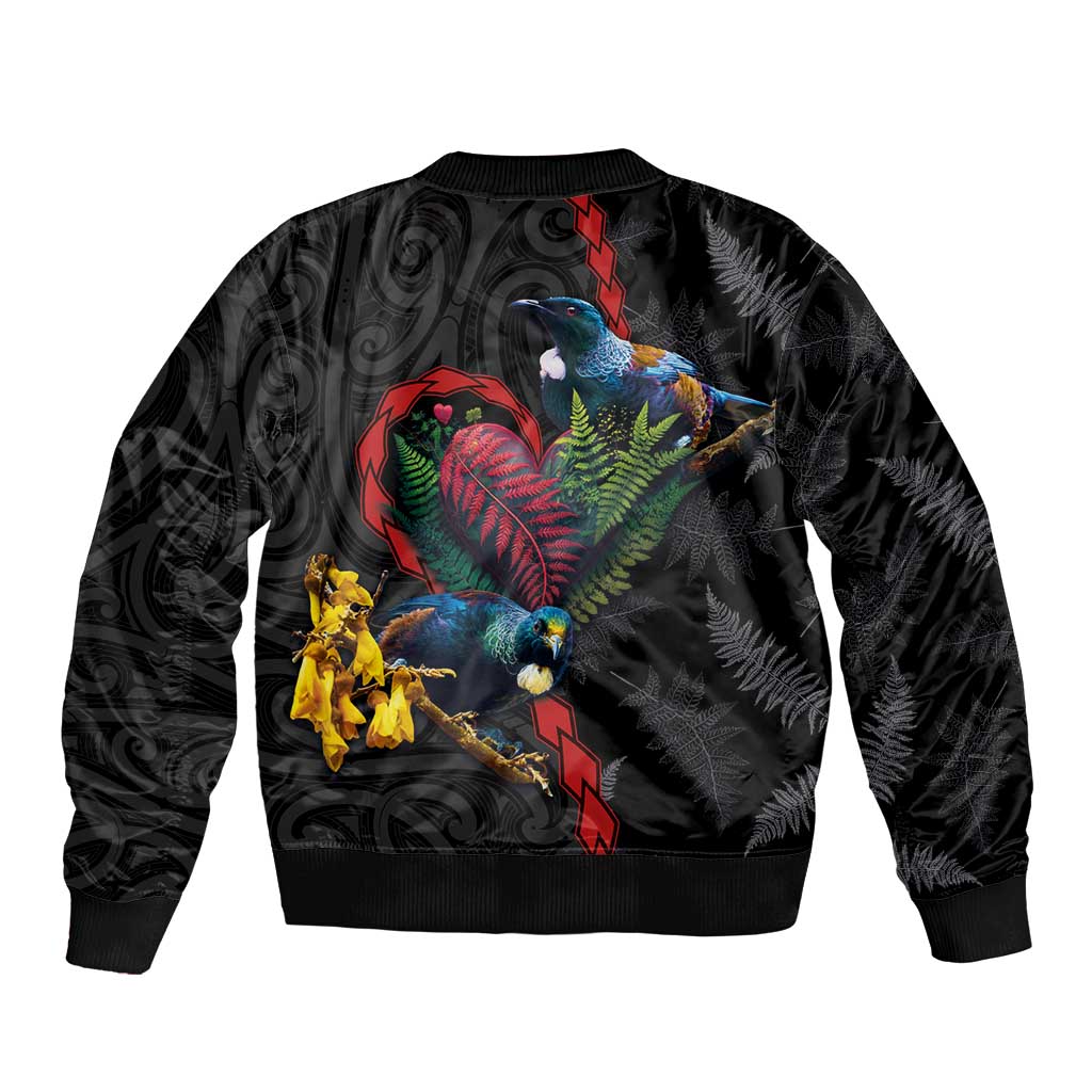New Zealand Tui Birds Love Couple Sleeve Zip Bomber Jacket The Heart of Silver Fern Leaves and Maori Tattoo Pattern