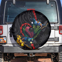 New Zealand Tui Birds Love Couple Spare Tire Cover The Heart of Silver Fern Leaves and Maori Tattoo Pattern LT03 Black - Polynesian Pride