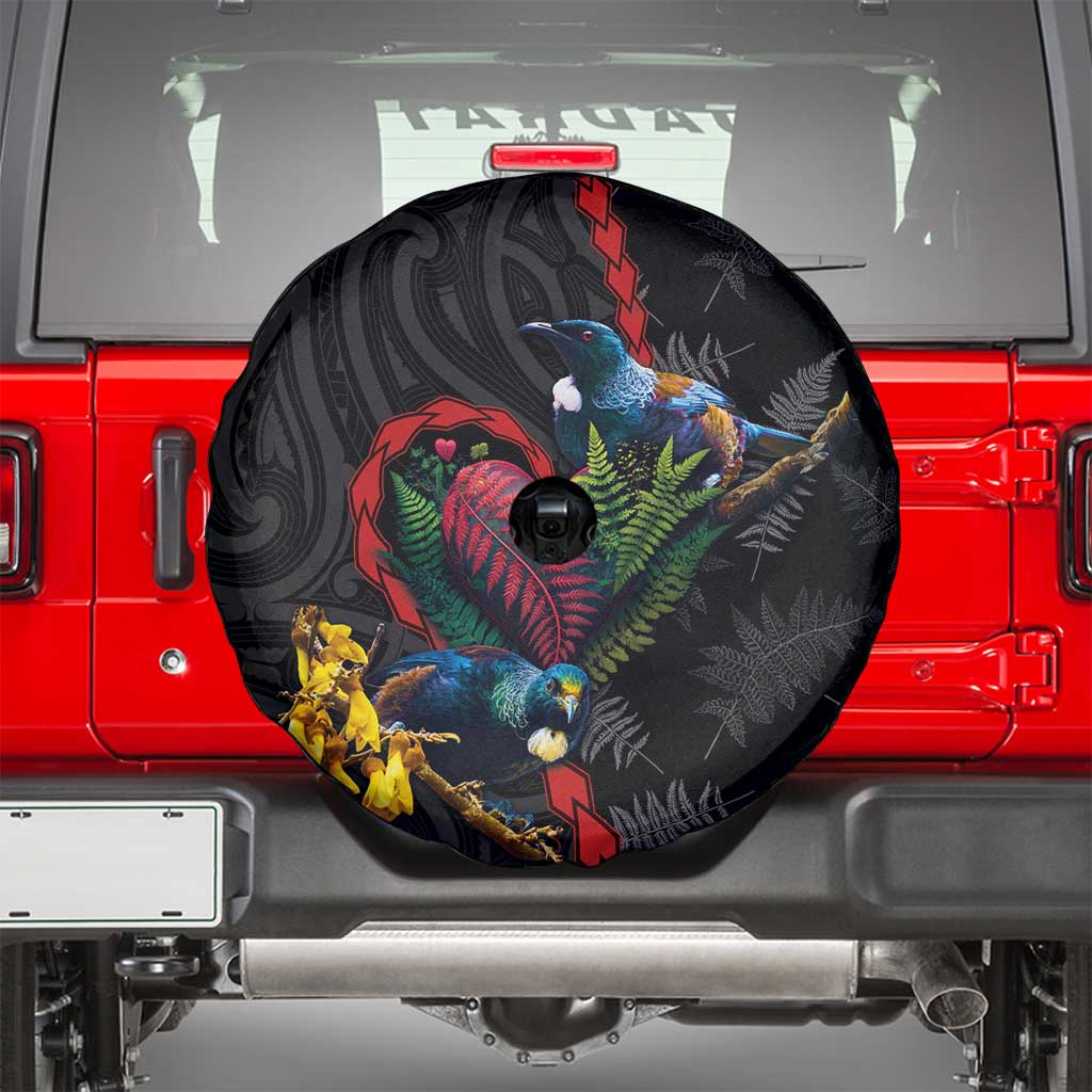 New Zealand Tui Birds Love Couple Spare Tire Cover The Heart of Silver Fern Leaves and Maori Tattoo Pattern LT03 - Polynesian Pride