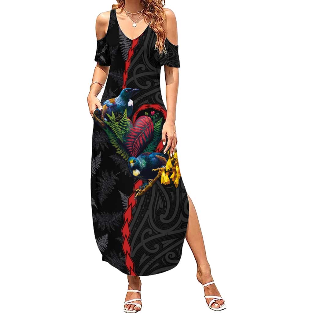 New Zealand Tui Birds Love Couple Summer Maxi Dress The Heart of Silver Fern Leaves and Maori Tattoo Pattern LT03 Women Black - Polynesian Pride