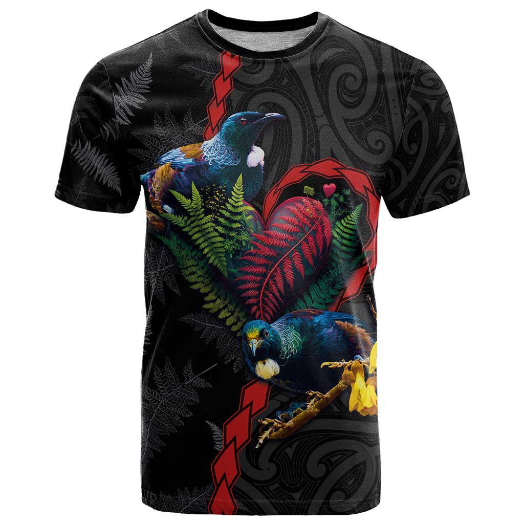New Zealand Tui Birds Love Couple T Shirt The Heart of Silver Fern Leaves and Maori Tattoo Pattern