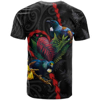 New Zealand Tui Birds Love Couple T Shirt The Heart of Silver Fern Leaves and Maori Tattoo Pattern