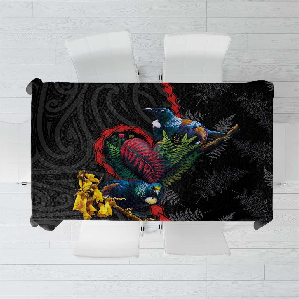 New Zealand Tui Birds Love Couple Tablecloth The Heart of Silver Fern Leaves and Maori Tattoo Pattern LT03 Black - Polynesian Pride