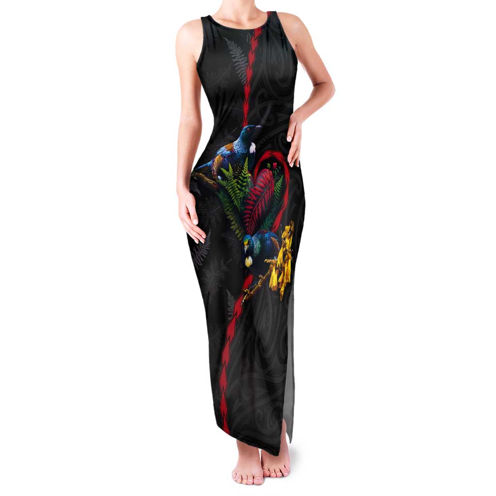 New Zealand Tui Birds Love Couple Tank Maxi Dress The Heart of Silver Fern Leaves and Maori Tattoo Pattern LT03 Women Black - Polynesian Pride