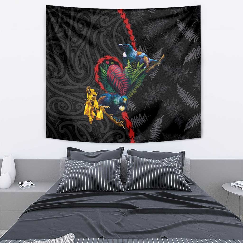 New Zealand Tui Birds Love Couple Tapestry The Heart of Silver Fern Leaves and Maori Tattoo Pattern LT03 - Polynesian Pride