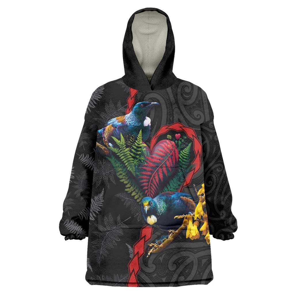 New Zealand Tui Birds Love Couple Wearable Blanket Hoodie The Heart of Silver Fern Leaves and Maori Tattoo Pattern LT03 One Size Black - Polynesian Pride