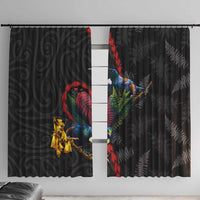 New Zealand Tui Birds Love Couple Window Curtain The Heart of Silver Fern Leaves and Maori Tattoo Pattern LT03 With Hooks Black - Polynesian Pride