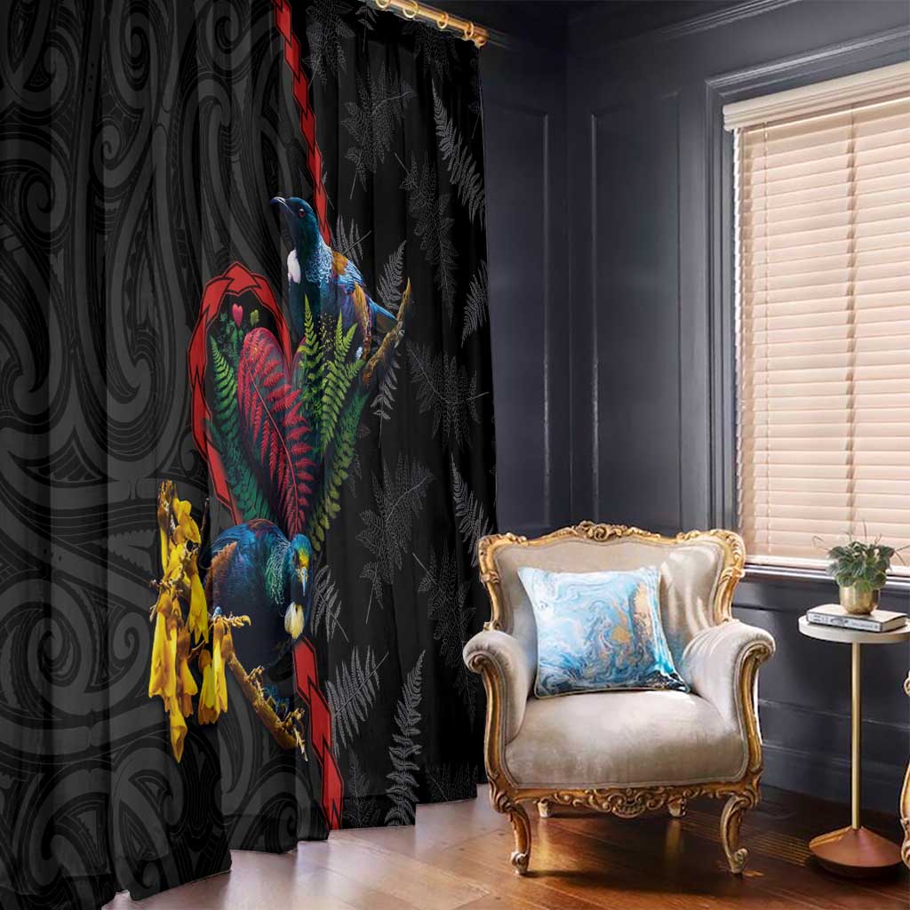 New Zealand Tui Birds Love Couple Window Curtain The Heart of Silver Fern Leaves and Maori Tattoo Pattern LT03 - Polynesian Pride