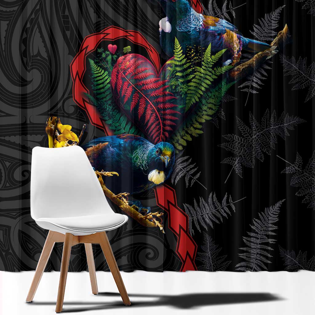 New Zealand Tui Birds Love Couple Window Curtain The Heart of Silver Fern Leaves and Maori Tattoo Pattern LT03 - Polynesian Pride