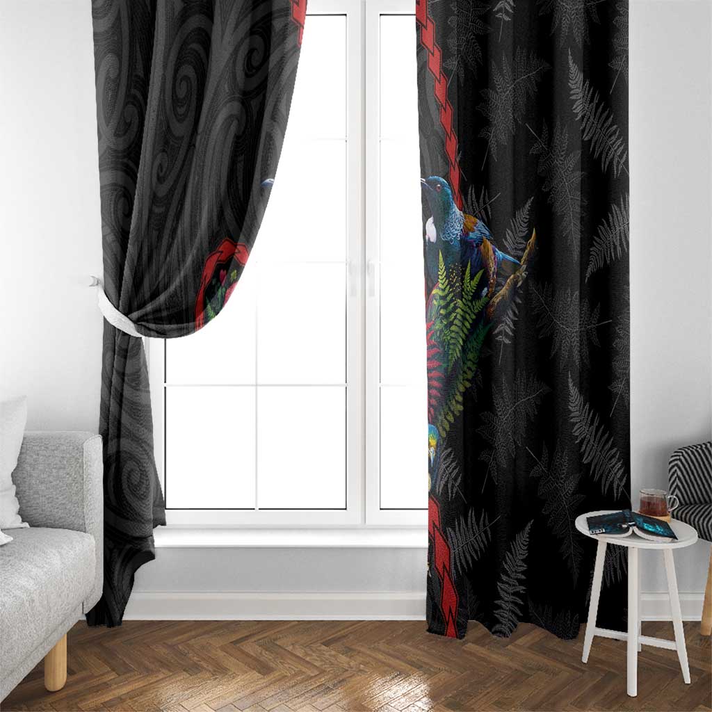 New Zealand Tui Birds Love Couple Window Curtain The Heart of Silver Fern Leaves and Maori Tattoo Pattern LT03 - Polynesian Pride