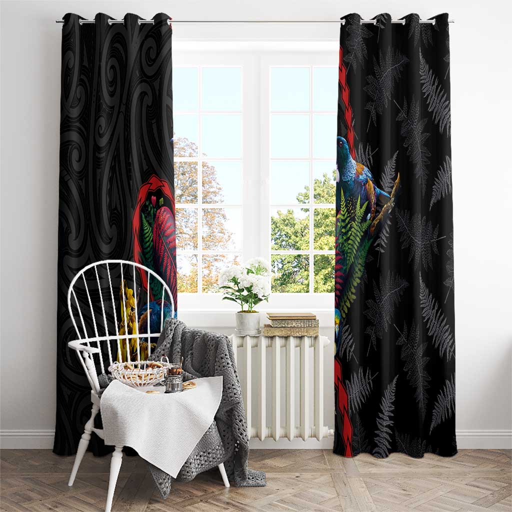 New Zealand Tui Birds Love Couple Window Curtain The Heart of Silver Fern Leaves and Maori Tattoo Pattern LT03 - Polynesian Pride