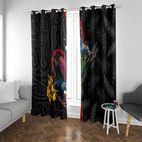 New Zealand Tui Birds Love Couple Window Curtain The Heart of Silver Fern Leaves and Maori Tattoo Pattern LT03 With Grommets Black - Polynesian Pride