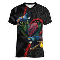 New Zealand Tui Birds Love Couple Women V-Neck T-Shirt The Heart of Silver Fern Leaves and Maori Tattoo Pattern