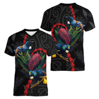 New Zealand Tui Birds Love Couple Women V-Neck T-Shirt The Heart of Silver Fern Leaves and Maori Tattoo Pattern