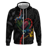 New Zealand Tui Birds Love Couple Zip Hoodie The Heart of Silver Fern Leaves and Maori Tattoo Pattern LT03 Zip Hoodie Black - Polynesian Pride