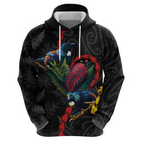 New Zealand Tui Birds Love Couple Zip Hoodie The Heart of Silver Fern Leaves and Maori Tattoo Pattern LT03 - Polynesian Pride