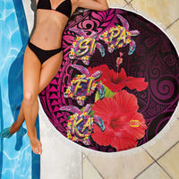 Pasifika Festival Beach Blanket Plumeria Turtles with Hibiscus - Polynesian Art Tattoo Pink Color