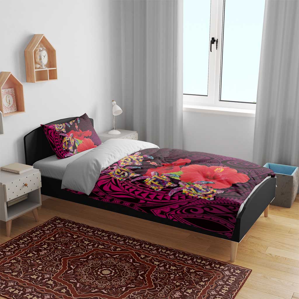 Pasifika Festival Bedding Set Plumeria Turtles with Hibiscus - Polynesian Art Tattoo Pink Color