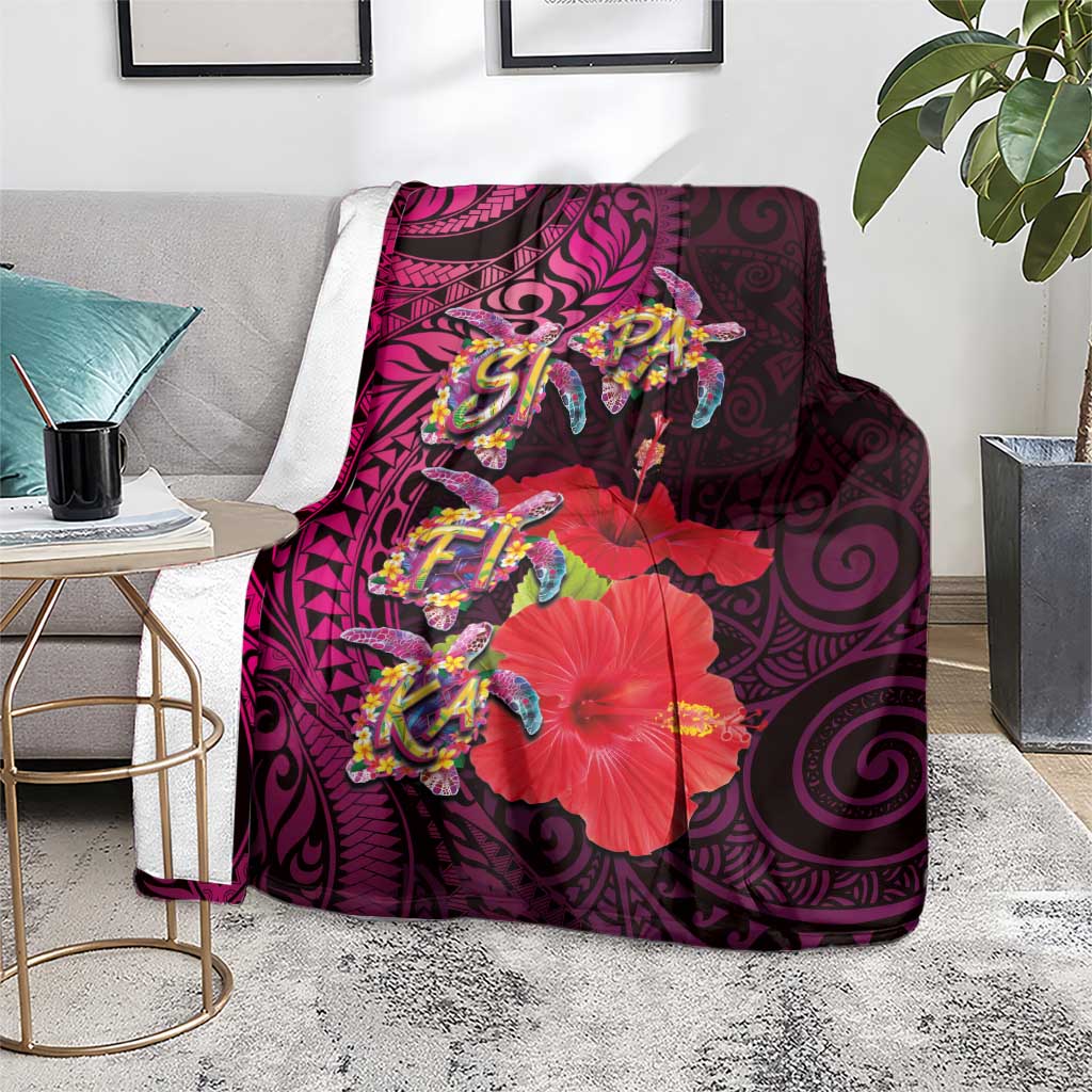 Pasifika Festival Blanket Plumeria Turtles with Hibiscus - Polynesian Art Tattoo Pink Color