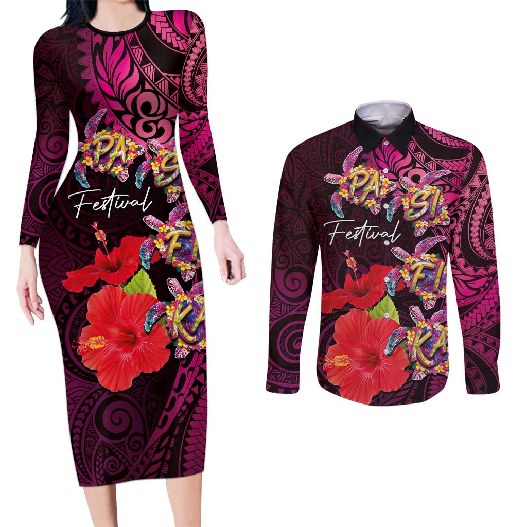 Pasifika Festival Couples Matching Long Sleeve Bodycon Dress and Long Sleeve Button Shirt Plumeria Turtles with Hibiscus - Polynesian Art Tattoo Pink Color LT03 Pink - Polynesian Pride