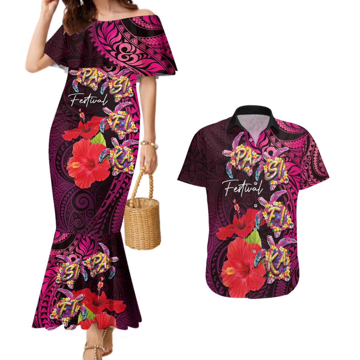 Pasifika Festival Couples Matching Mermaid Dress and Hawaiian Shirt Plumeria Turtles with Hibiscus - Polynesian Art Tattoo Pink Color