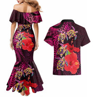 Pasifika Festival Couples Matching Mermaid Dress and Hawaiian Shirt Plumeria Turtles with Hibiscus - Polynesian Art Tattoo Pink Color LT03 - Polynesian Pride