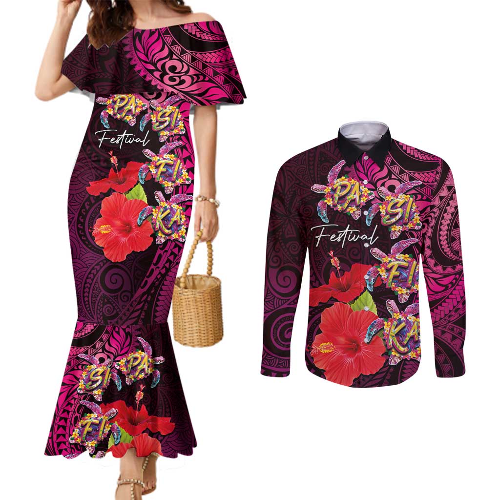 Pasifika Festival Couples Matching Mermaid Dress and Long Sleeve Button Shirt Plumeria Turtles with Hibiscus - Polynesian Art Tattoo Pink Color