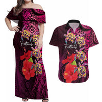 Pasifika Festival Couples Matching Off Shoulder Maxi Dress and Hawaiian Shirt Plumeria Turtles with Hibiscus - Polynesian Art Tattoo Pink Color LT03 Pink - Polynesian Pride