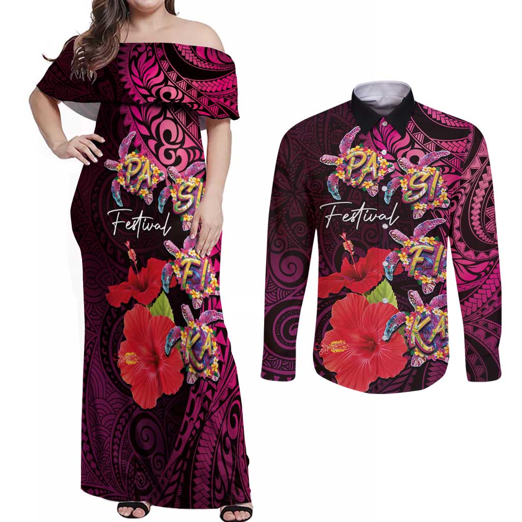 Pasifika Festival Couples Matching Off Shoulder Maxi Dress and Long Sleeve Button Shirt Plumeria Turtles with Hibiscus - Polynesian Art Tattoo Pink Color LT03 Pink - Polynesian Pride