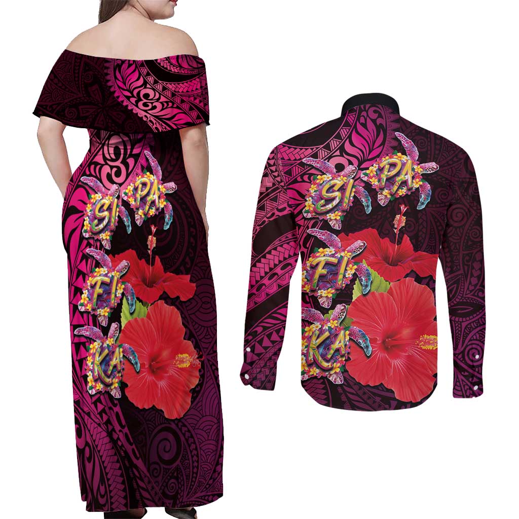 Pasifika Festival Couples Matching Off Shoulder Maxi Dress and Long Sleeve Button Shirt Plumeria Turtles with Hibiscus - Polynesian Art Tattoo Pink Color LT03 - Polynesian Pride