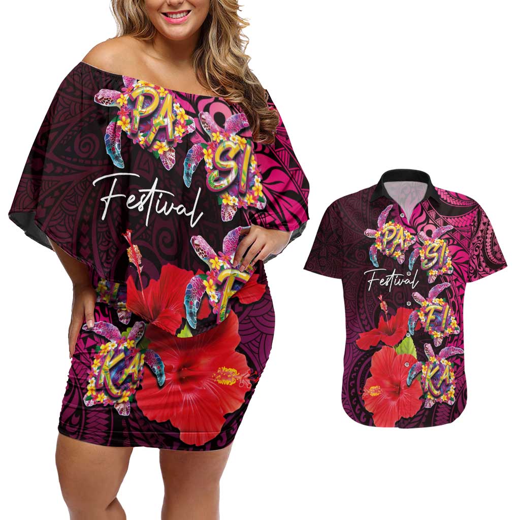 Pasifika Festival Couples Matching Off Shoulder Short Dress and Hawaiian Shirt Plumeria Turtles with Hibiscus - Polynesian Art Tattoo Pink Color LT03 Pink - Polynesian Pride