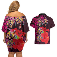 Pasifika Festival Couples Matching Off Shoulder Short Dress and Hawaiian Shirt Plumeria Turtles with Hibiscus - Polynesian Art Tattoo Pink Color LT03 - Polynesian Pride