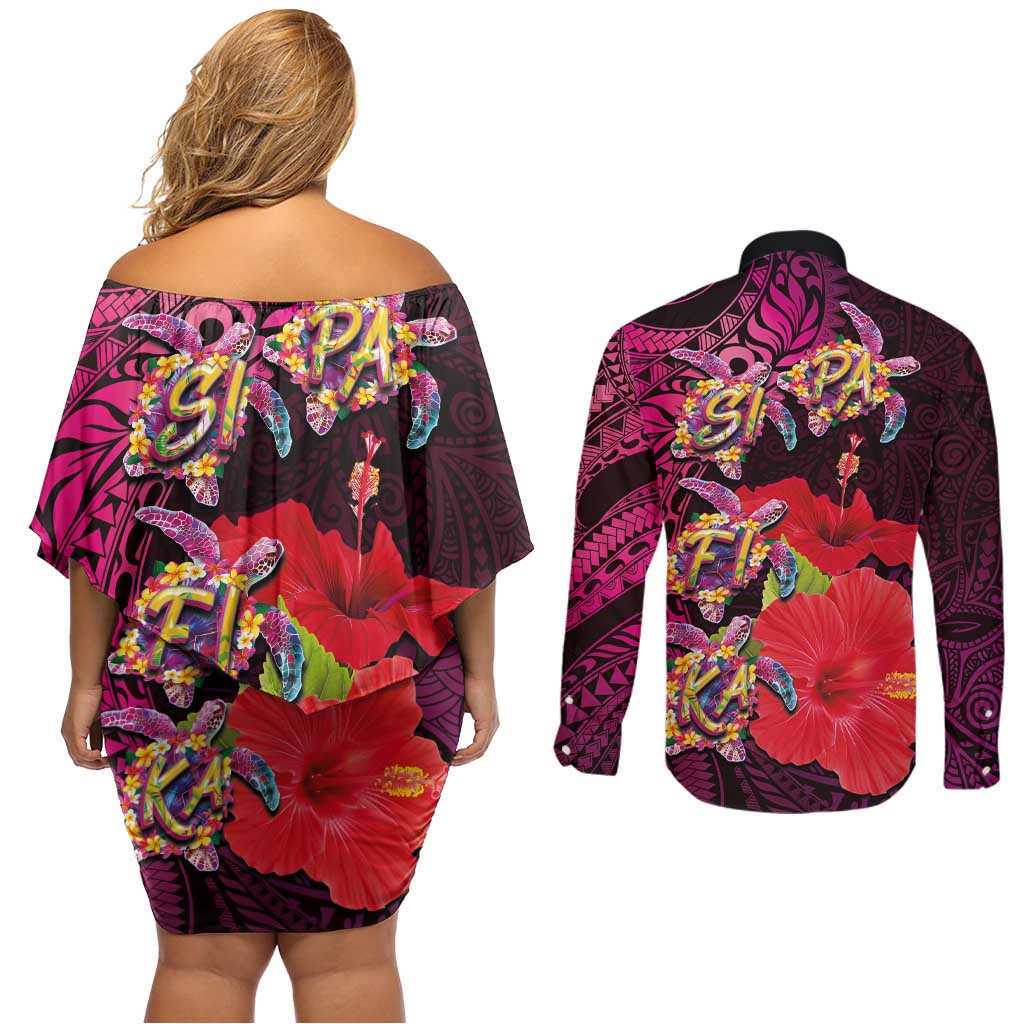 Pasifika Festival Couples Matching Off Shoulder Short Dress and Long Sleeve Button Shirt Plumeria Turtles with Hibiscus - Polynesian Art Tattoo Pink Color LT03 - Polynesian Pride