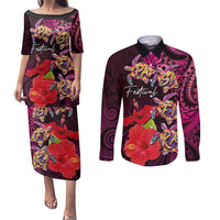 Pasifika Festival Couples Matching Puletasi and Long Sleeve Button Shirt Plumeria Turtles with Hibiscus - Polynesian Art Tattoo Pink Color LT03 Pink - Polynesian Pride